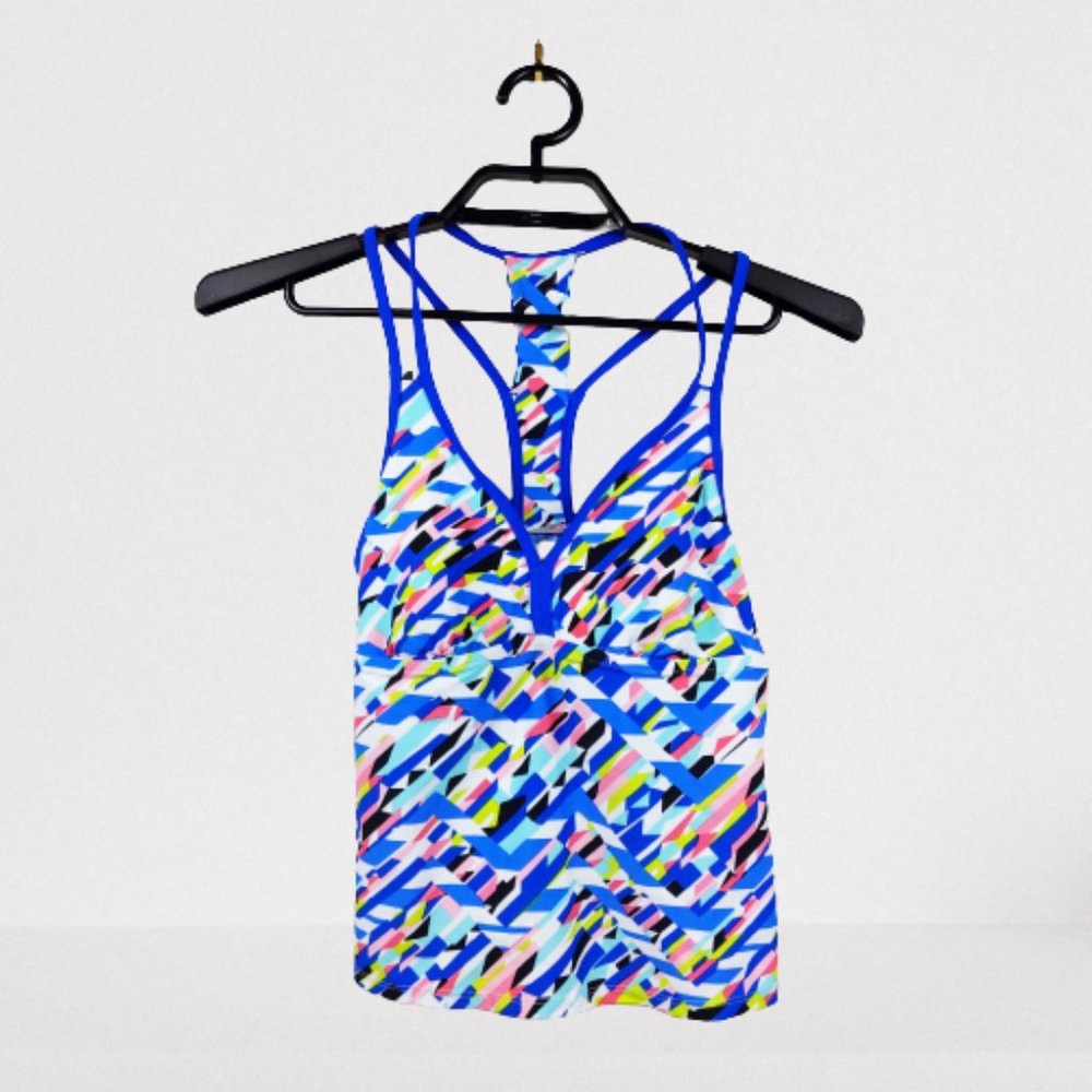 Go Gossip S Blue Geometric Racerback Tankini Top